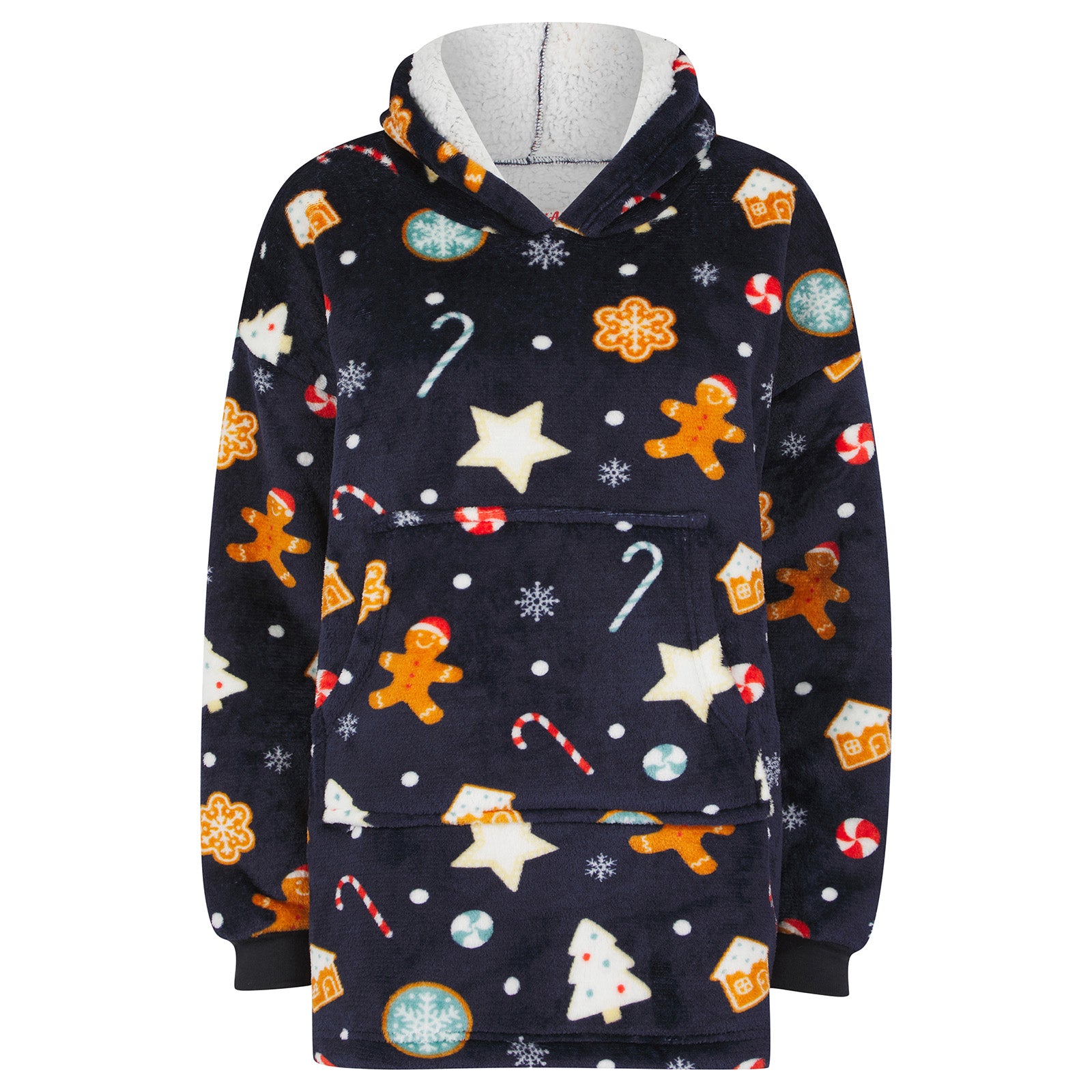 navy blue oversized hoodie featuring gingerbread, star and candy cane all over pattern with think fleece lining